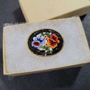 Vintage Italian Micro Mosaic Brooch Black Floral on Brass Gold tone Backing Pin